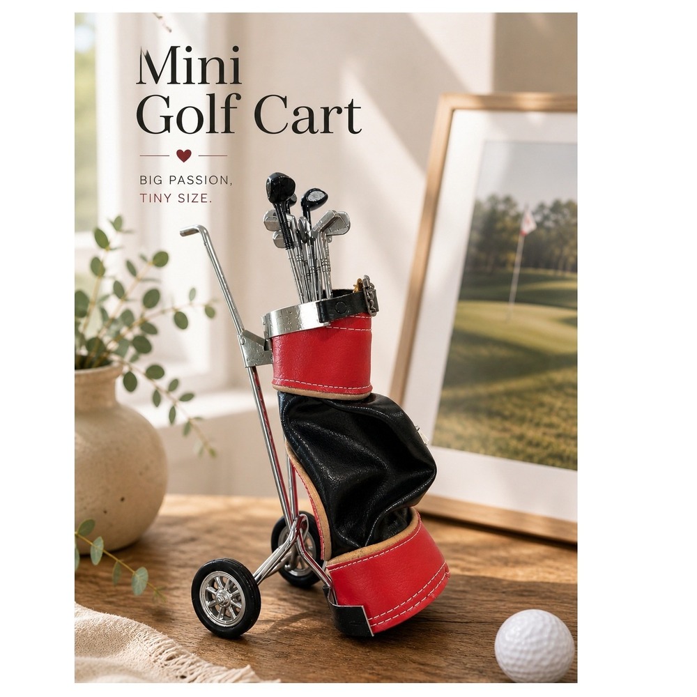 Miniature Golf Cart Desk Decor Red Black Bag Metal Clubs Office Gift Collectible